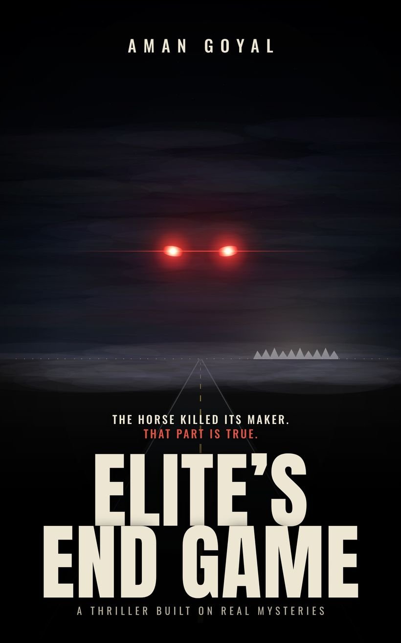 Cover of Elite’s End Game by Aman Goyal: two red eyes glowing in the night sky above a dark road